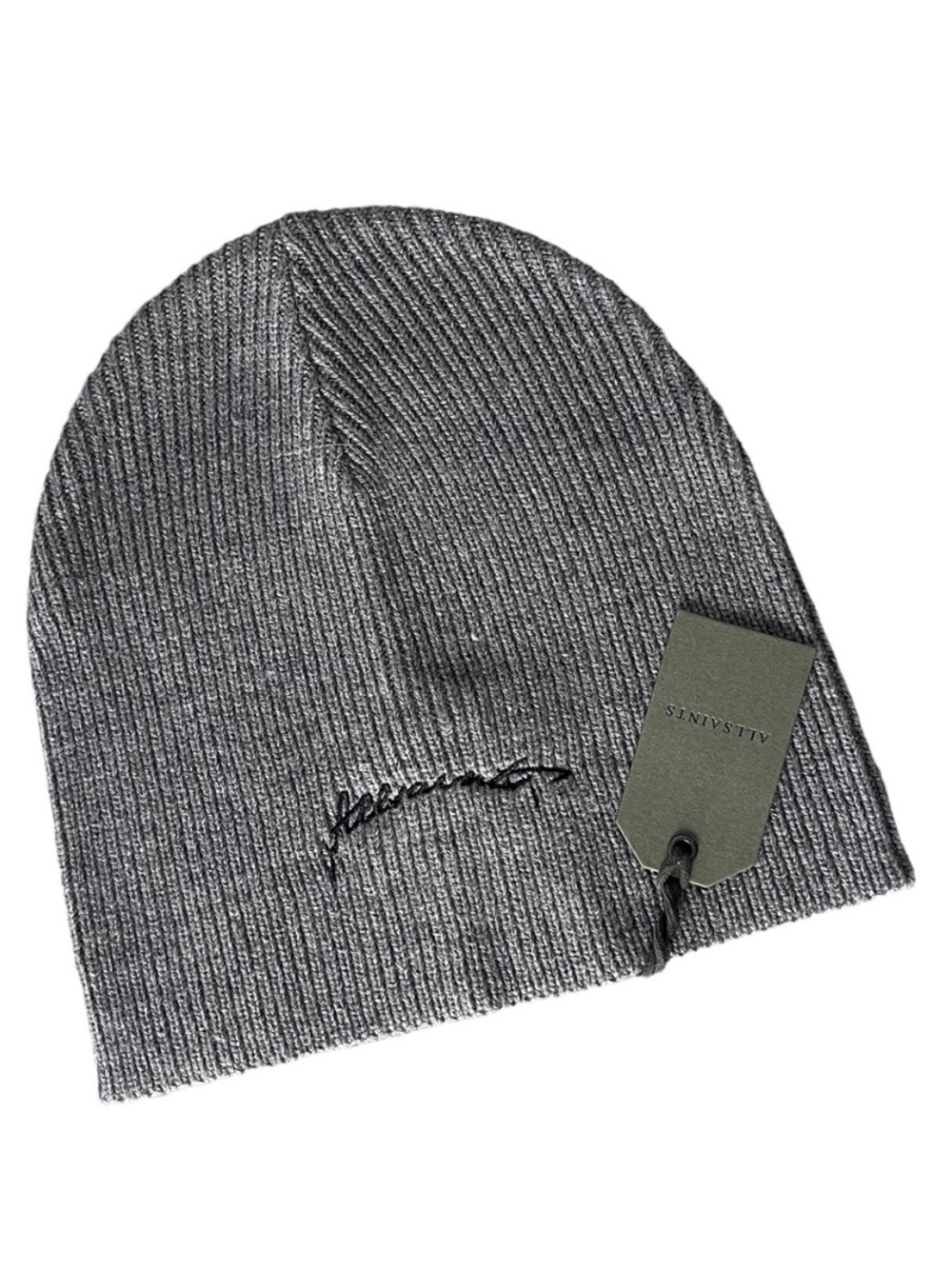 ALL SAINTS NWT EMBROIDERED SCRIPT LOGO BEANIE GREY MARL